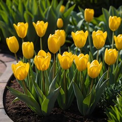 Obraz premium Yellow Tulips in a Garden Bed