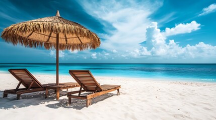 coastal getaway featuring tranquil beach with straw parasol wooden lounge chairs bright sky and warm white sand perfect for travel and leisure concepts
