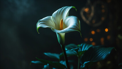 Graceful white calla lily with lush green leaves and moody lighting, conveying purity, elegance, and timeless beauty