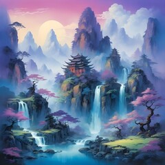 Serene Mountain Temple and Waterfalls