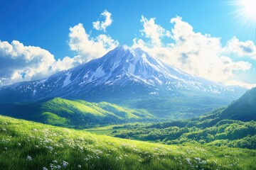 Fototapeta premium Majestic snow-capped mountain towering over lush green hills under a bright blue sky
