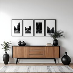 Modern Living Room Interior with Stylish Wooden Sideboard and Black and White Prints