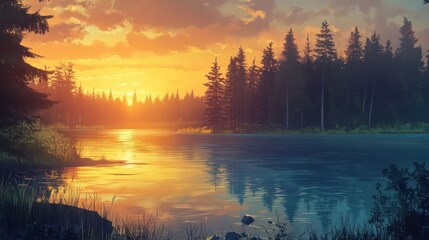 Fototapeta premium Serene sunset over a calm lake surrounded by lush trees and colorful skies reflecting in water