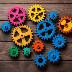 Colorful Interlocking Gears on Wooden Background