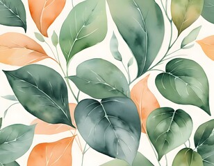 Watercolor Seamless Pattern of Green and Peach Leaves