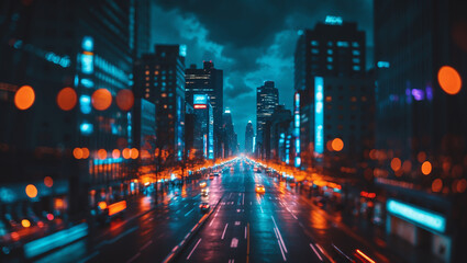 Obraz premium Futuristic neon cityscape at night with blurred lights and glowing reflections, perfect for tech or cyberpunk themed projects