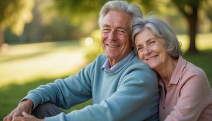 An affectionate elderly couple sits closely together in a serene park, basking in the warm sunlight. Their genuine smiles and loving expressions radiate happiness and companionship, capturing the