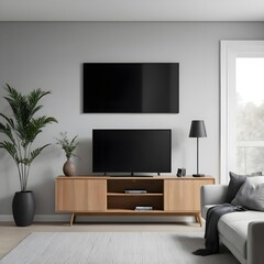 Modern Living Room Interior with Oak Media Console and Two TVs