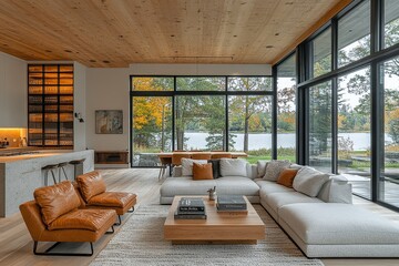 Fototapeta premium Modern living room with lake views, light wood ceiling, grey sofa, leather chairs, and elegant design elements in Great Lakes area.