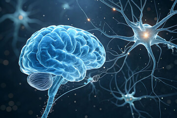 Obraz premium Detailed 3D Illustration of a Human Brain and Neuron Network