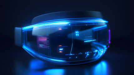 Futuristic VR Headset: Glowing blue lines trace the contours of a sleek, transparent VR headset, hinting at the immersive digital worlds it unlocks.