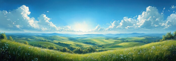 Fototapeta premium Impressionist Landscape with Green Hills Blue Sky and Fluffy Clouds