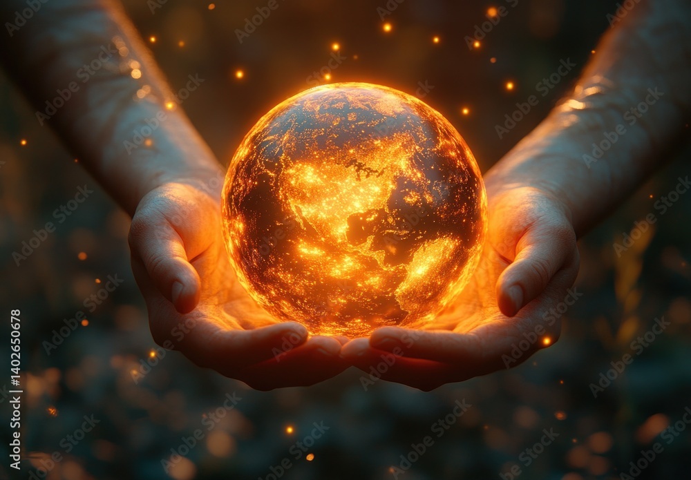 Aufkleber global network communication technology in hands at sunset with science innovation and economic exch