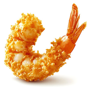 A golden crispy fried shrimp with a crunchy breadcrumb coating, juicy shrimp interior, and perfectly curled shape
