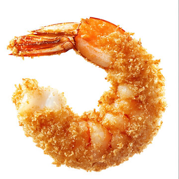 A golden crispy fried shrimp with a crunchy breadcrumb coating, juicy shrimp interior, and perfectly curled shape