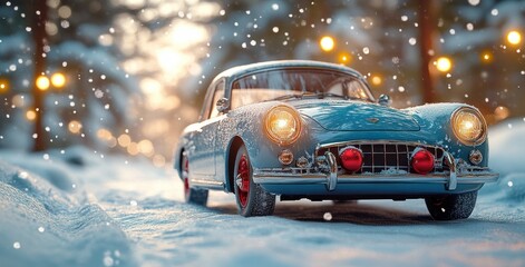 Vintage Toy Car in Snowy Landscape with Christmas Tree Lights and Ornaments