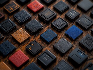 Fototapeta premium Realistic Still Life of SIM Card Adapters on Wooden Table with Soft Natural Lighting and Top-Down Composition