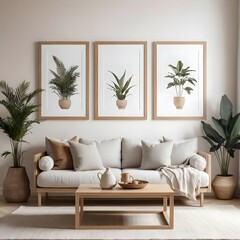 Minimalist Living Room with Three Botanical Prints
