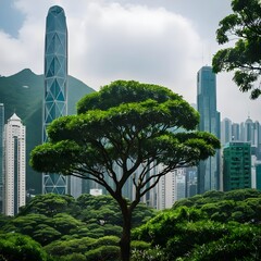 Fototapeta premium Urban Oasis Green Tree Against Modern City Skyline