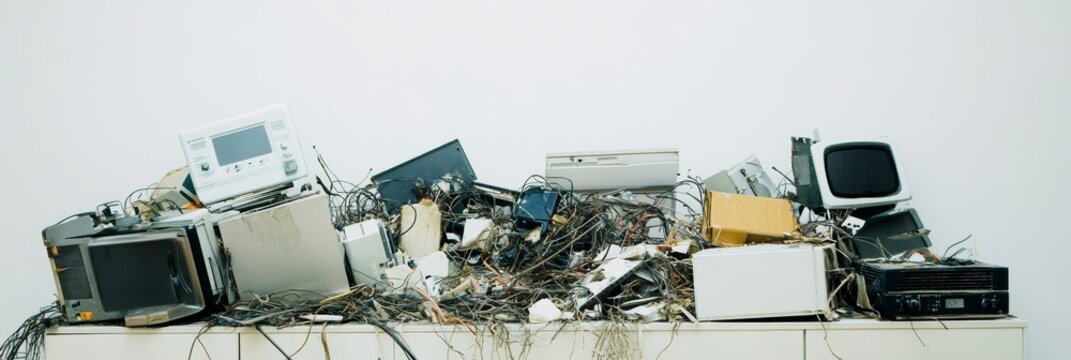 Electronic waste disposal: pile of obsolete technology with minimalist background