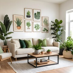 Cozy Living Room with Greenery and Natural Decor