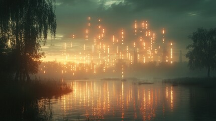 Naklejka premium Ethereal Sunset: Digital Dawn Over Tranquil Waters