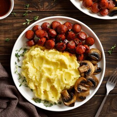 Mashed potatoes with roasted sweet and spicy sausage bites and mushrooms