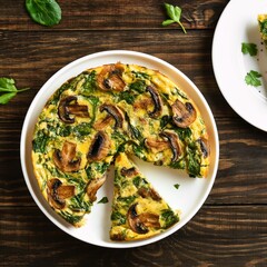 Frittata with spinach and champignon mushrooms