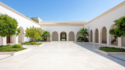 Luxurious courtyard framed by archways, featuring lush greenery and bright sunlight