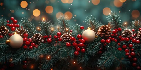 Christmas Garland with Pine Needles Red Berries White Ornaments Isolated on White Background