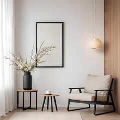 Modern Minimalist Living Room Interior with Beige Armchair and Blooming Branches