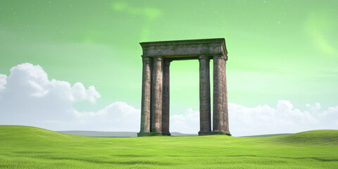 Green, Ancient arch structure in a vibrant landscape under a green sky.