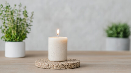 serene candle on cork coaster surrounded by green herbs creates calming atmosphere