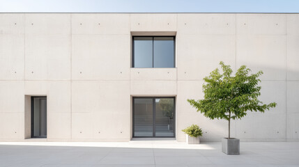 Minimalist concrete building with large windows and small tree in planter