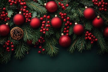 Hyper-Realistic Christmas Garland with Red Berries and Ornaments on Pine Branches with White Background