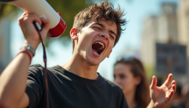 A determined young man passionately raises his voice through a megaphone, embodying the spirit of activism. His expressive face and dynamic posture convey a sense of urgency and commitment to a cause