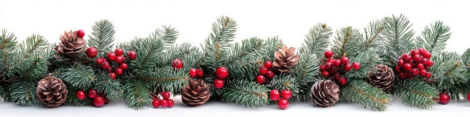 Christmas Garland with Pine Branches and Red Berries Over White Background