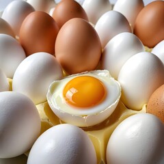 Soft Boiled Egg Among Brown and White Eggs in Carton
