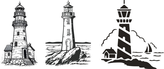 Lighthouse Silhouette Set, Coastal and Navigational Design - Flat Vector Illustration