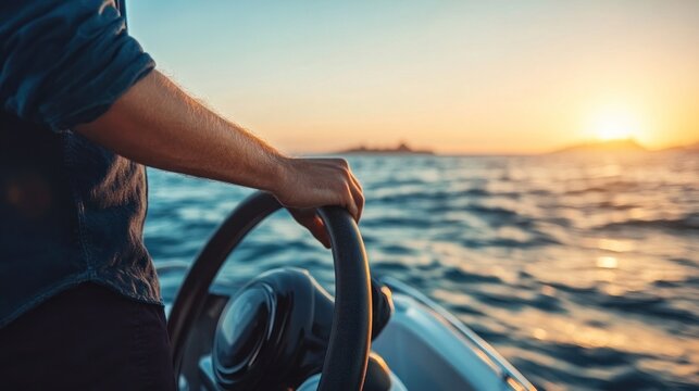 A man holds the steering wheel of his yacht on the open sea