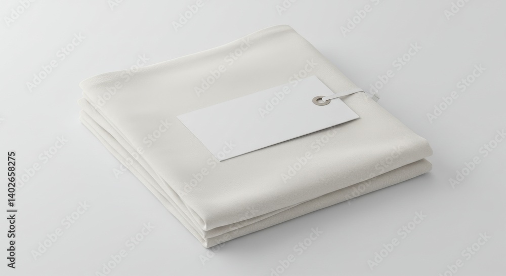 Poster stack of white folded fabric with blank tag simple clean composition