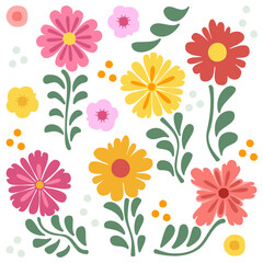 Wildflowers Elements Set. Colorful spring flowers. Hand drawn. Simple elements. Seamless pattern. White background. For holiday cards, prints, wrapping paper, decorations, Easter, stickers, print.
