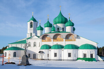 The Cathedral of the Transfiguration of the Lord (1644) close-up. Alexandro-Svirsky Monastery. Staraya Sloboda. Leningrad region, Russia