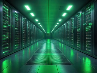 Fototapeta premium Futuristic Data Center with Neon Green Lighting and Server Racks in Cyberpunk Style