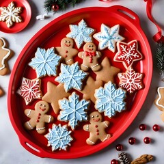 Obraz premium Festive Christmas Gingerbread Cookies on Red Tray