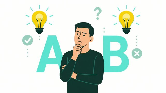 A man thinking about options for an A/B test, represented with question marks and lightbulbs.