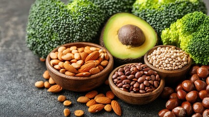 Fototapeta premium Plant-based meal ingredients laid out on a wooden countertop, sustainable food prep