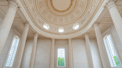 Ornate ceiling with intricate details and elegant columns in spacious architectural marvel