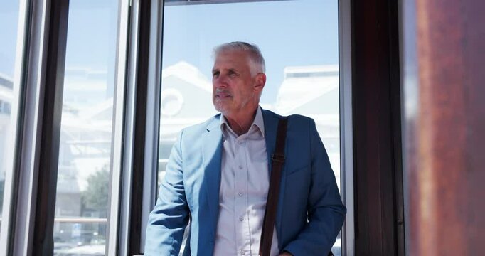 Business, late and check time with man, station and stress with bad city service. Mature person, employee and consultant with watch, anxiety and frustrated with schedule for interview and waiting