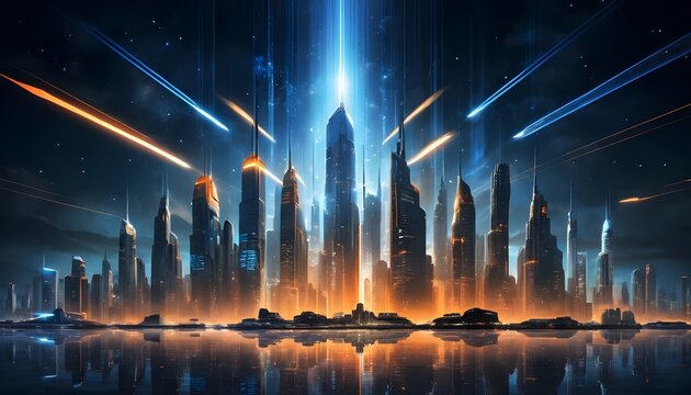 Futuristic Cityscape at Night with Shooting Stars
